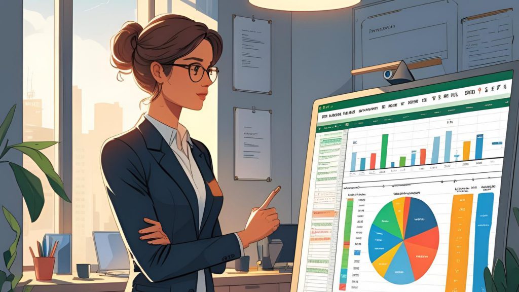 A young woman looking at a computer with KPIs and data charts on the screen
