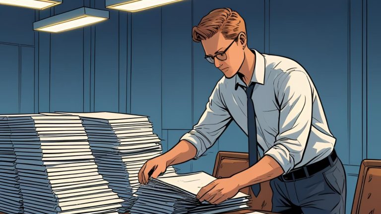 Man employing Metadata Governance by sorting data into piles