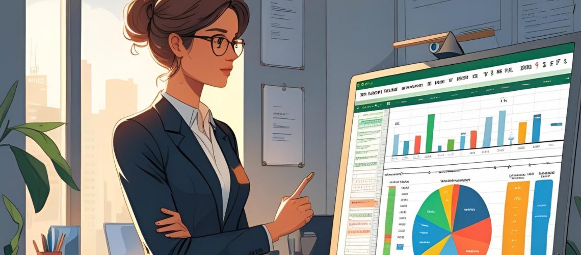 A young woman looking at a computer with KPIs and data charts on the screen