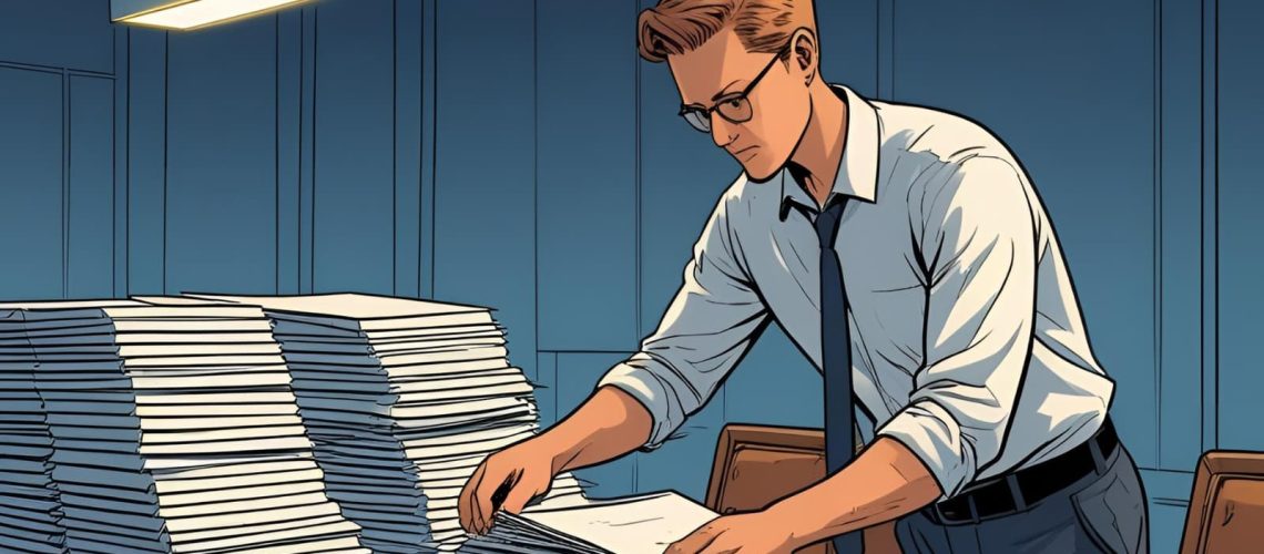 Man employing Metadata Governance by sorting data into piles